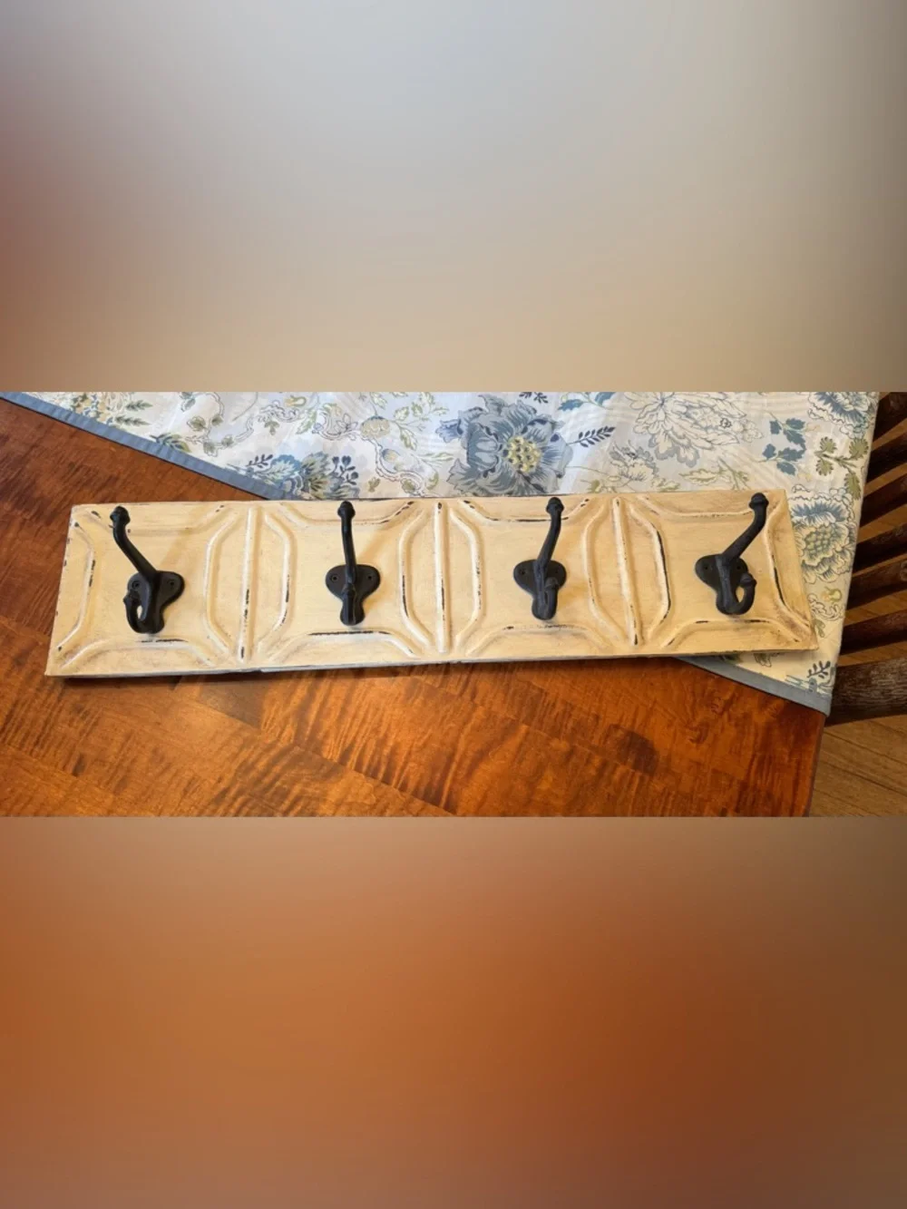 Cream Farm House Wall Hook Rack w/ Black Cast Iron Hooks (24 inches x 5 inches)